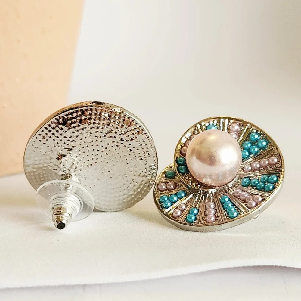 Silver Tone Pink Faux Pearl Teal Beaded Swirl‎ Statement Stud Earrings 1 Inch